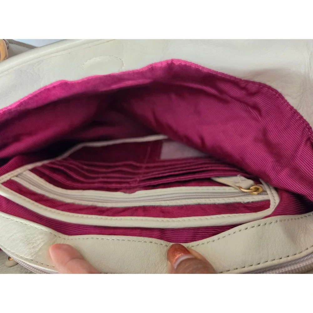 Isabella Fiore Shoulder Bag Ivory Leather Floral Applique Tassel Whipstitch Pink